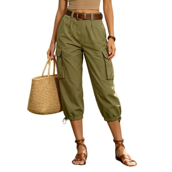hlysgo Womens High Waist Cargo Capri Pants with Multi Flap Pockets Drawstring Hem Cropped Trousers Casual Outdoor Hiking Travel Pants Army Green,L