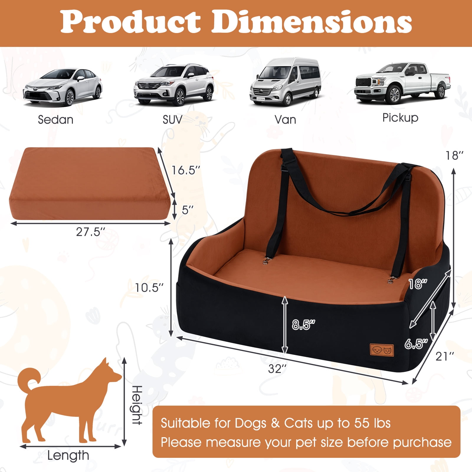 Gymax Dog Car Seat for Medium & Large Dogs Up to 55 lbsFoam Dog Booster Seat for Back