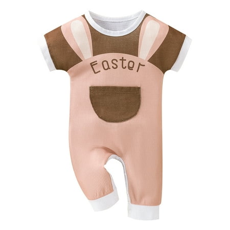 

Sunisery Easter Infant Newborn Baby Girls Boys Waff Plaid Bunny Jumpsuits Short Sleeve Big Pocket Casual Romper Brown 6-12 Months