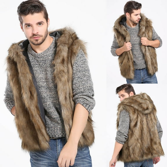 Hinvhai Men's Luxury Faux Fur Vests Hooded Winter Coats Sleeveless Jacket Vest with Hood Gilet Furry Waistcoat Warm Cardigan Yellow 10(XL)