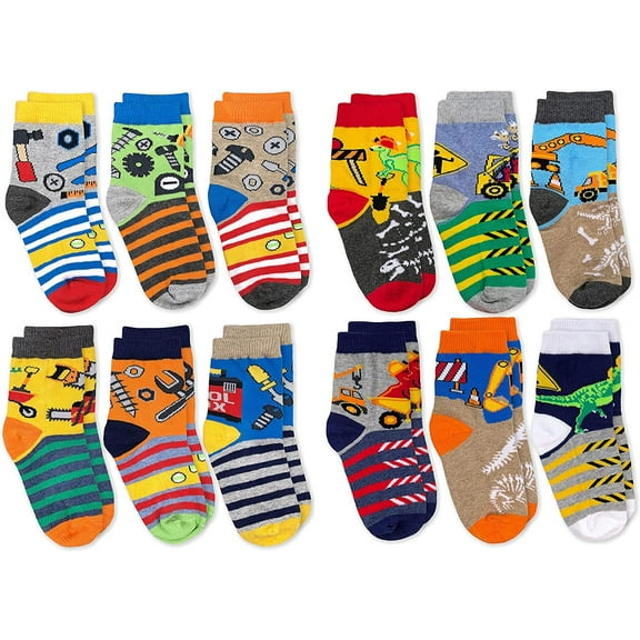 Jefferies Socks Boys Construction Dinosaurs Tools Pattern Variety Crew Socks 12 Pair Pack