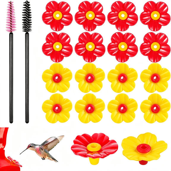 ACDANC 16 Pieces Hummingbird Feeder Replacement Parts Hummingbird Feeder Replacement Flowers Pet Bird Feeders with 2 Pcs Brush for Outdoors Hanging Feeders (Red Yellow)