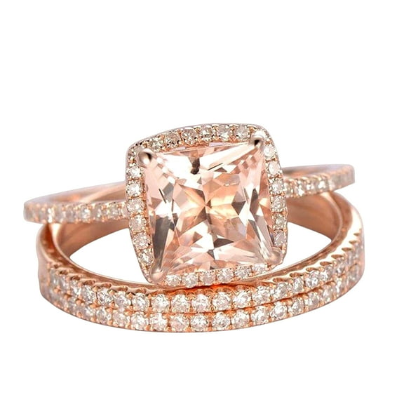 Trio Wedding Ring Set 2 Carat Real Morganite Moissnaite Engagement Ring & 2 Matching Wedding bands Sterling Silver with 18k Gold Plating