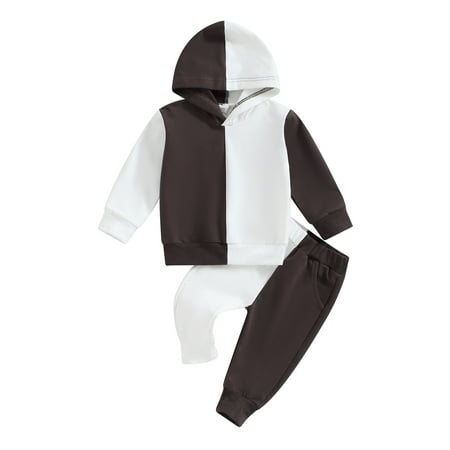

Qtinghua Toddler Baby Boy Fall Clothes Contrast Color Long Sleeve Hooded Pullover Elastic Waist Pants 2Pcs Outfits White Coffee 12-18 Months