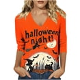 thumbnail image 2 of JTZGDY Halloween Tops for Women Dressy Casual Fall 3/4 Length Sleeve Thanksgiving Day Funny Ghost Pumpkin Printed V Neck Graphic Tunic Shirts Loose Oversized Comfy Pullover Blouse, 2 of 7