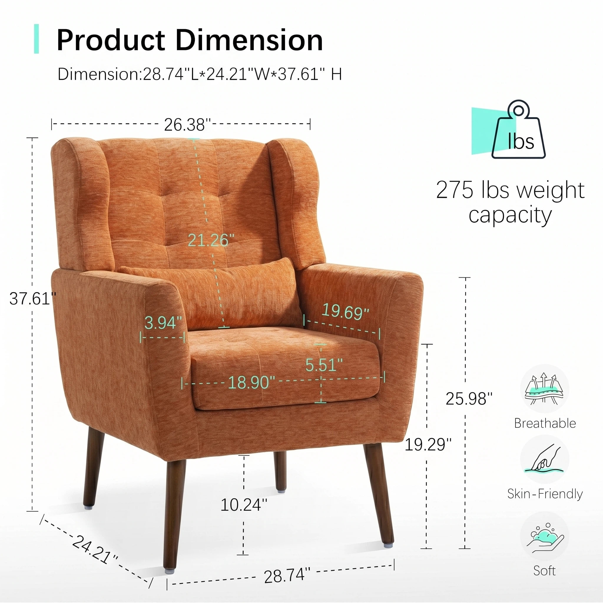 AISWORD Modern Accent Chair, Upholstered Armchair with Pillow, Fabric Single Sofa Chair with Lounge Seat and Wood Legs Accent Chair for Living Room Bedroom Small Spaces, Orange
