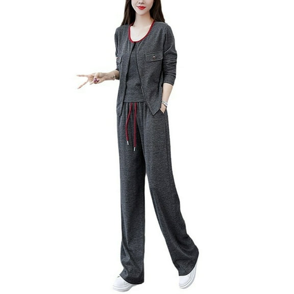 2 Piece Sets for Women Fall Pants Plus Size Two Piece Lounge Sets for Women Spring Ladies' Fashionable Casual Sports Camisole Cardigan Wide Leg Pants Three Piece Set Suits