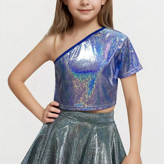 BRGZLK Kids Short Sleeve T-Shirt,Children's Performance Outfit Sequined Short Sleeved T-Shirt With Exposed Waist and Navel Round Neck Elastic Top Blue 7-8 Years