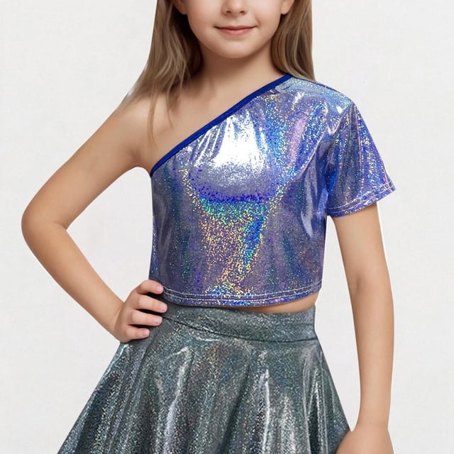 Tenue de Performance pour Enfants T-shirt à Paillettes à Manches Courtes avec Taille Apparente et Nombril Col Rond Élastique