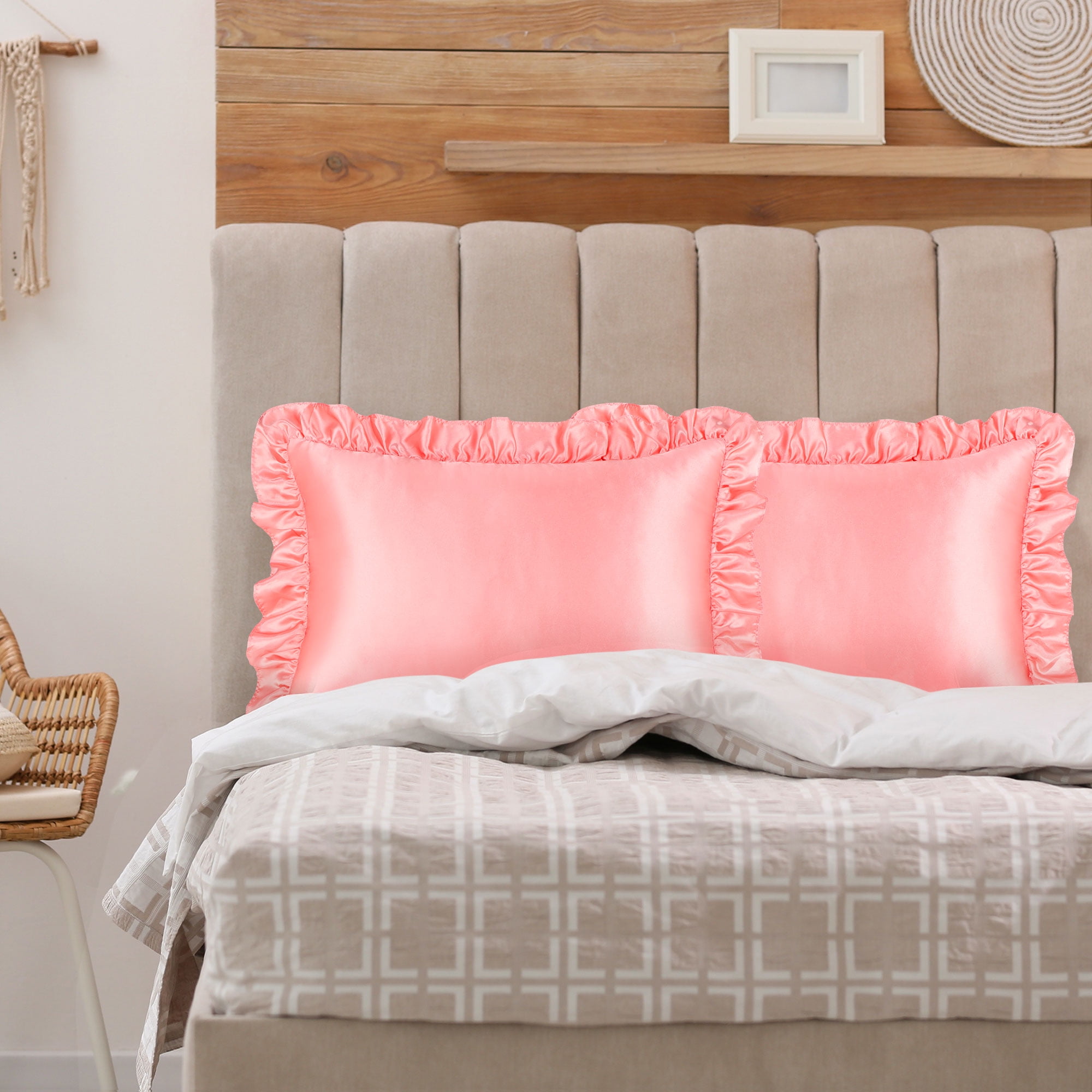Unique Bargains Satin Ruffle Envelope Closure Pillowcases Set of 2 Light Coral 20"x30"