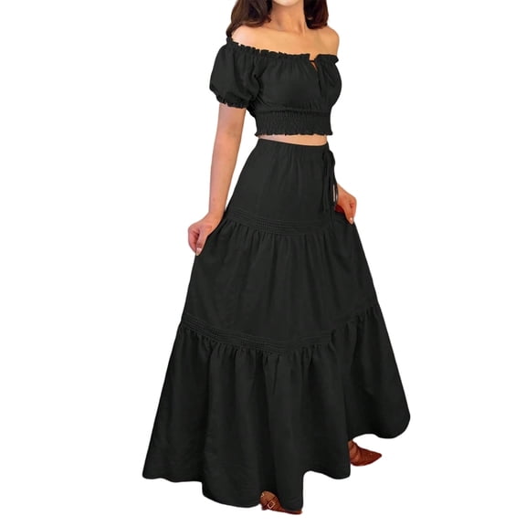 Jaimenalin Women'S 2 Piece Outfits, Floral Top Skirt Set for Spring Easter, Summer Vacation Beach Dress Black S