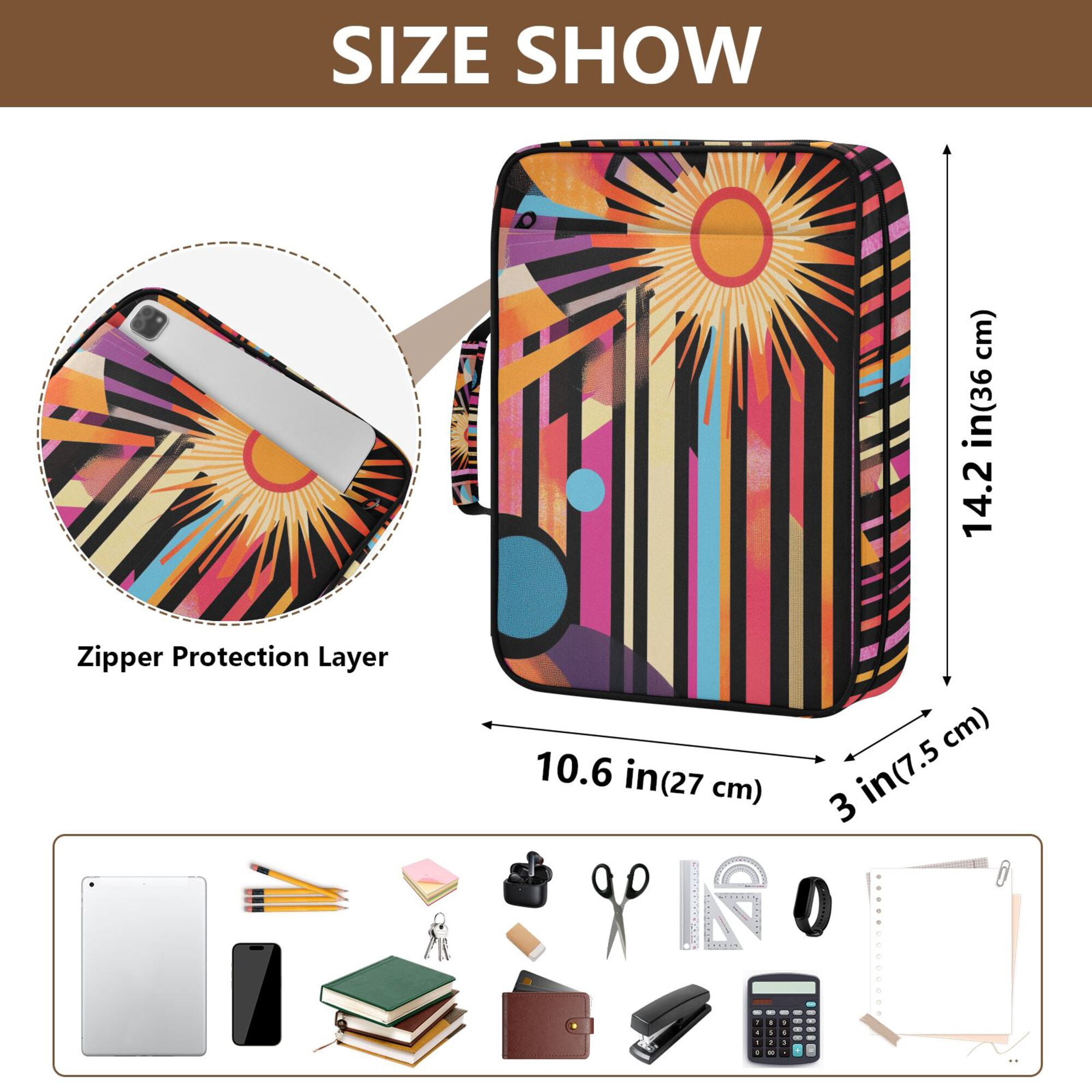 FORMRS Accordion File Folder A4 Size 7-Pocket Expanding Document Organizer Bag with 3 Ring Binder, Futuristic Sun