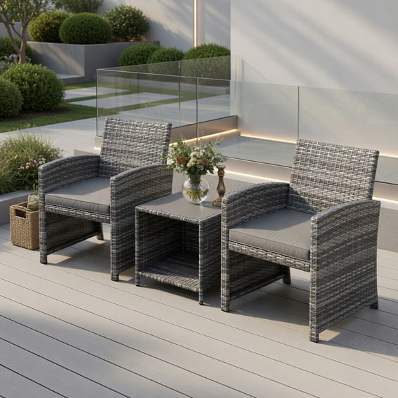 Yardi Yard 3 Pieces Patio Furniture Set with Tempered Glass Coffee Table and Soft Seat Cushions, Patio Conversation Set for Outdoor as Yard, Gray