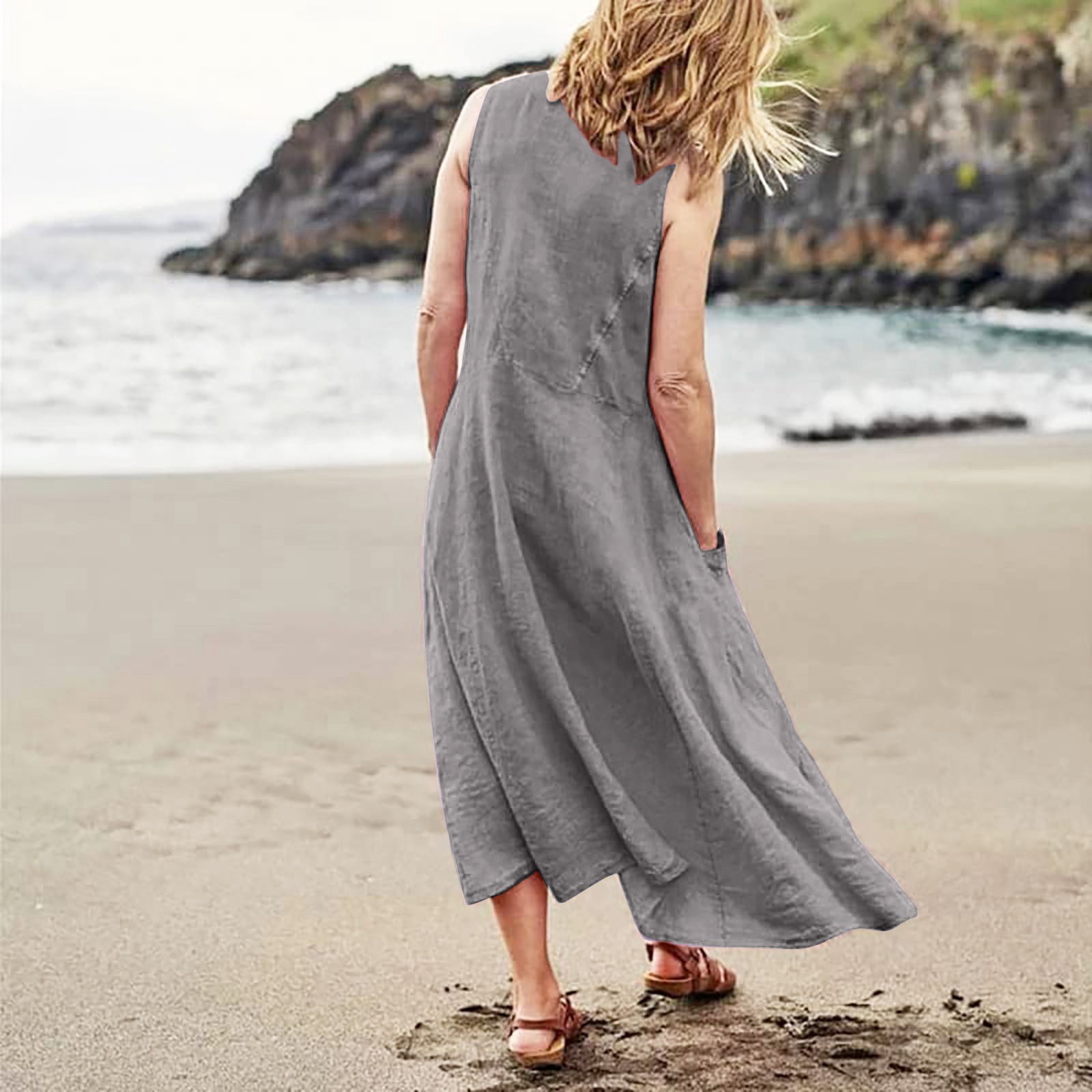 Vacation Outfits for Women Casual Work Dresses for Women Long Sleeve Dresses  Tight Petite Winter Dress plus Size Summer Dress with Pockets Womens Solid  Color Round Neck Pockets Casual Long Gray 3XL -