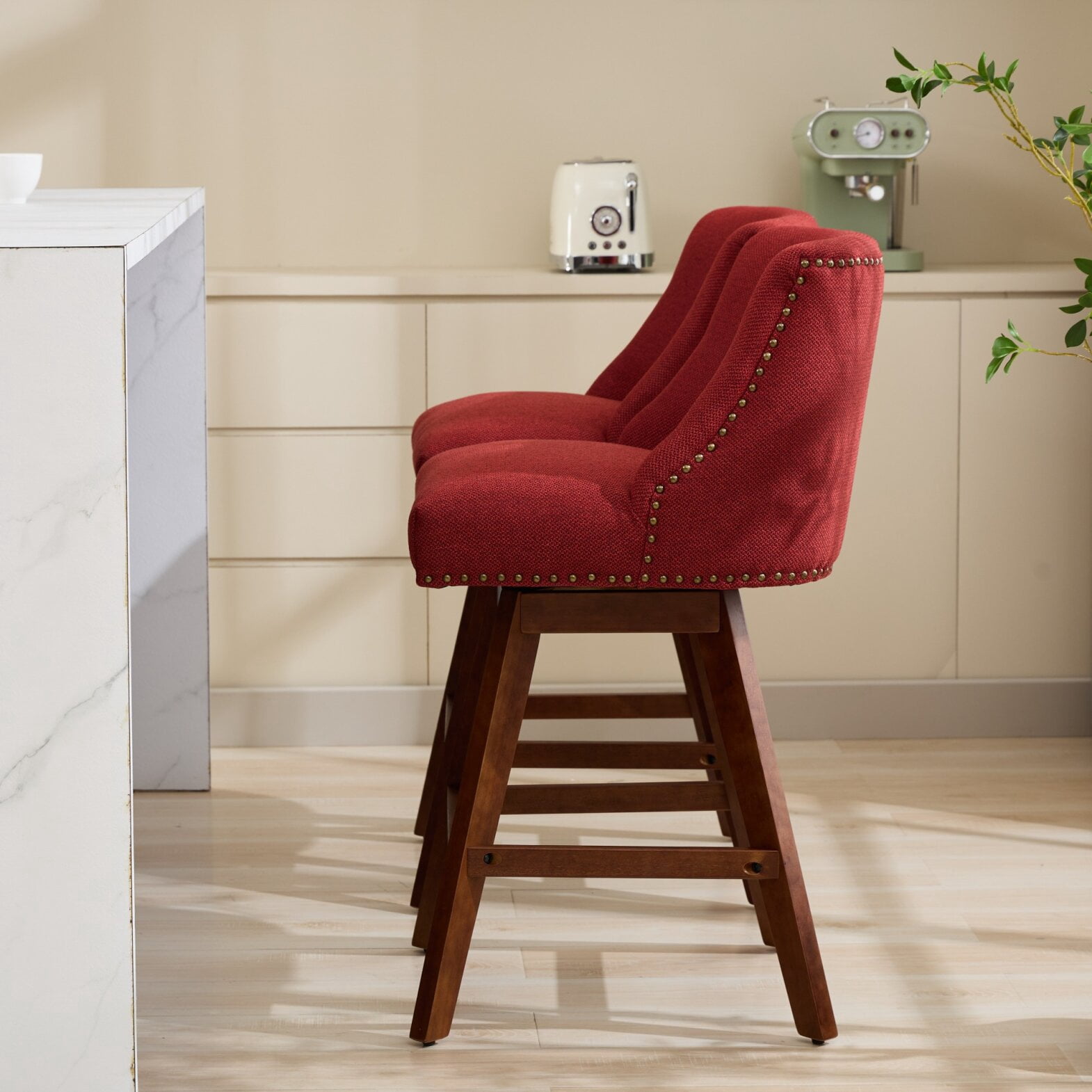 Swivel Bar Stools Set of 2, 26" Counter Height Bar Stools with Back & Footrest, Upholstered Kitchen Island Chairs with Built-in Nailhead Trim for Home Bar, Pub, Wine Red