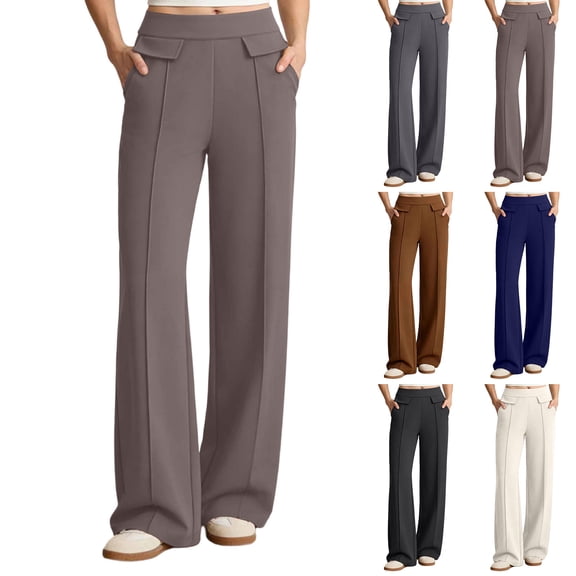 Favoffer Women's High Waist Wide Leg Pants Solid Color Elastic Waist Draped Straight Leg Loose Casual Trousers Daily Flowy Bottom for Street Gathering