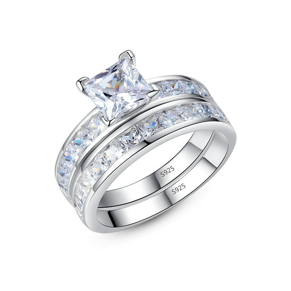 MABELLA 3.44 Carat TCW CZ Cubic Zirconia Princess Cut 925 Sterling Silver Wedding Rings Bridal Set Size 7