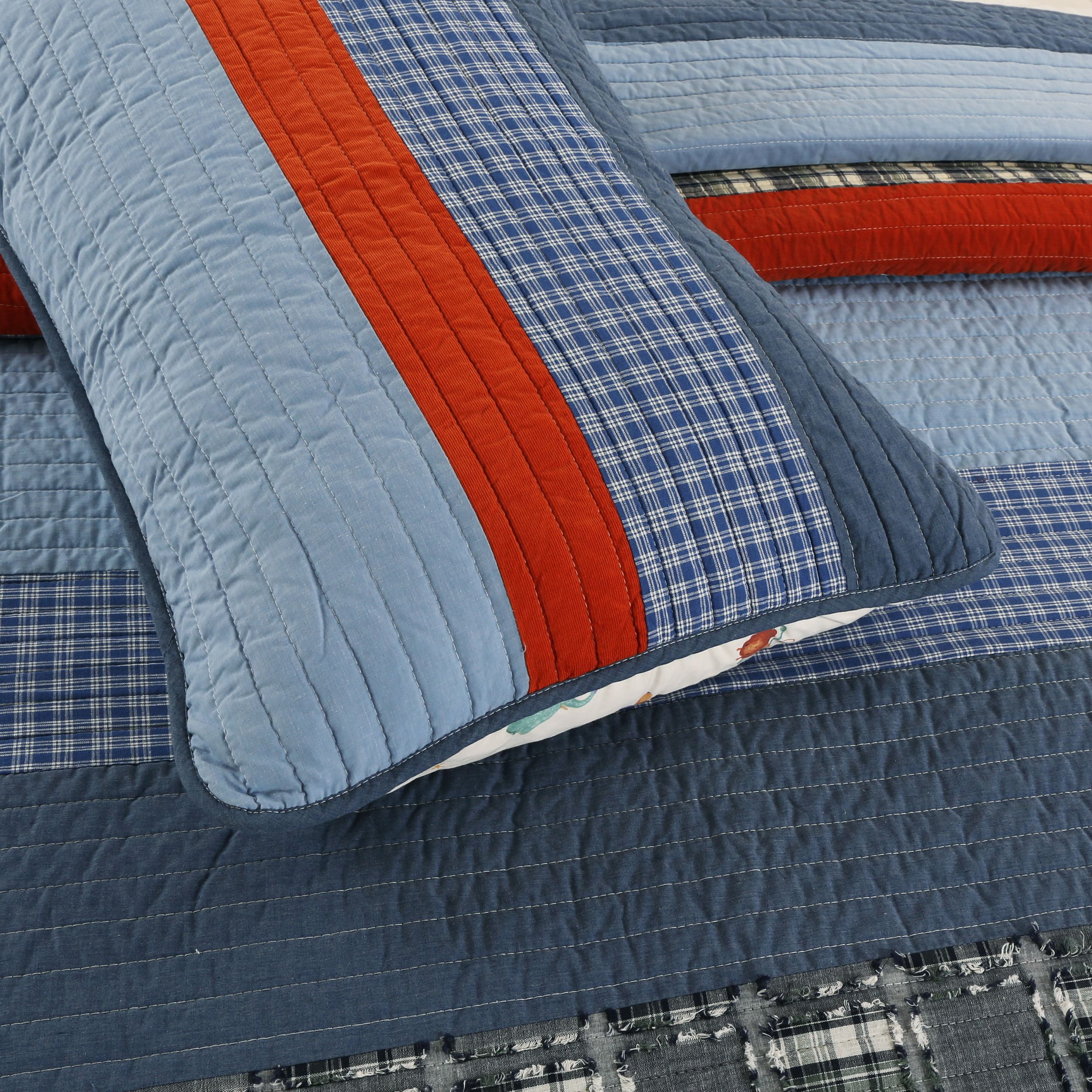 Cozy Line Navy Blue Red Striped Boy 100% Cotton Reversible Quilt Bedding Set (Varsity, Twin - 2 Piece)