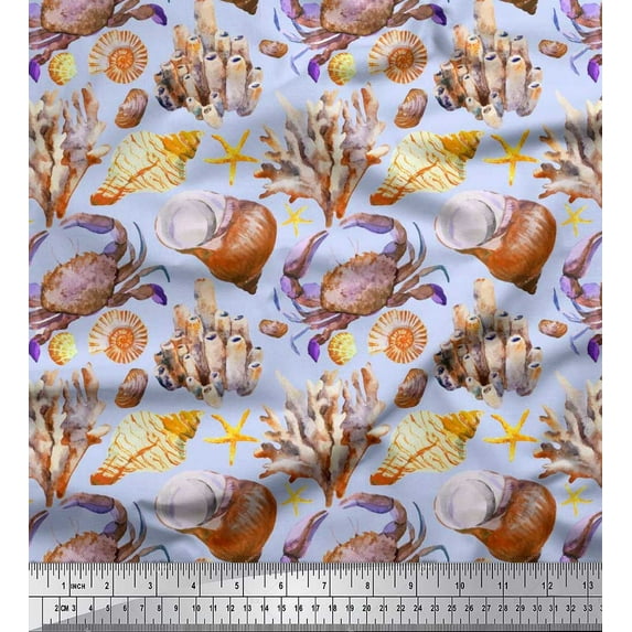 Soimoi Blue Japan Crepe Satin Fabric Crab,Shell & Coral Ocean Print Fabric by the Yard 42 Inch Wide