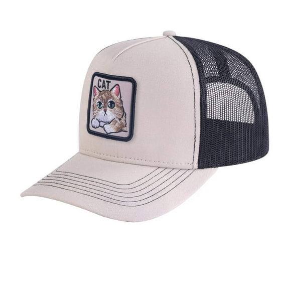 Unisex Embroidered The Cat, 5-Panel Trucker Hat, Beige/Black, Adjustable Fit