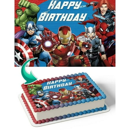 Marvel Avengers Hulk Captain America Iron Man Happy Birthday Edible Image Cake Topper For Quarter Sheet Cake By TNCT