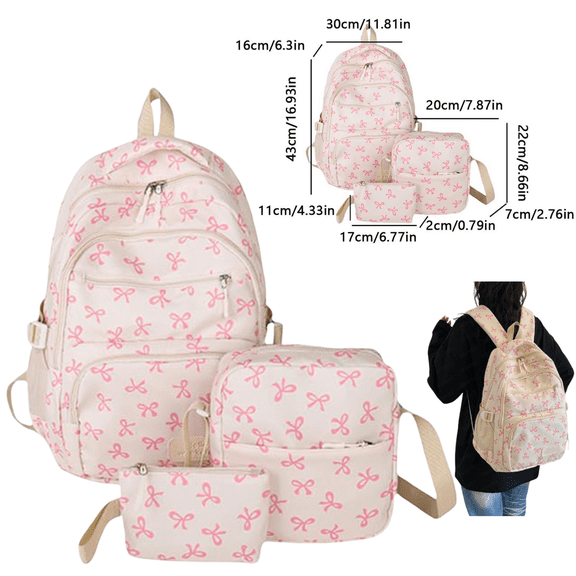 3 PCS Pink Bow School Backpack for Elementary Middle High School Fashion Student Bag Cute Aesthetic Teen Bookbag for Teens Women