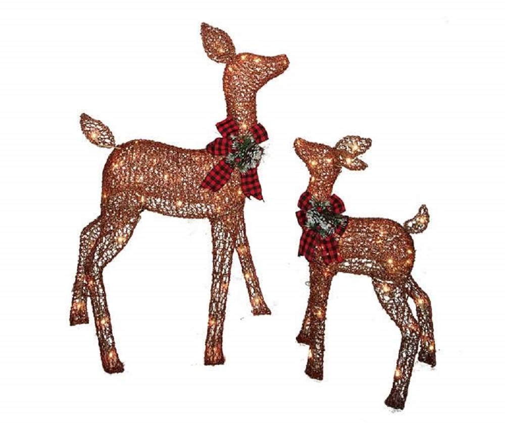 Prelit Glittering Rustic Brown 38 Inch Doe and 28 Inch Fawn 105 Clear Lights 2Piece