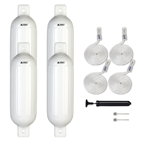 Leader Accessories Ribbed Twin Eyes White 6.5''x23'' Boat Fender Pack of 4 Includes 3/8'' Fender Lines Pack of 4 and Pump to Inflate