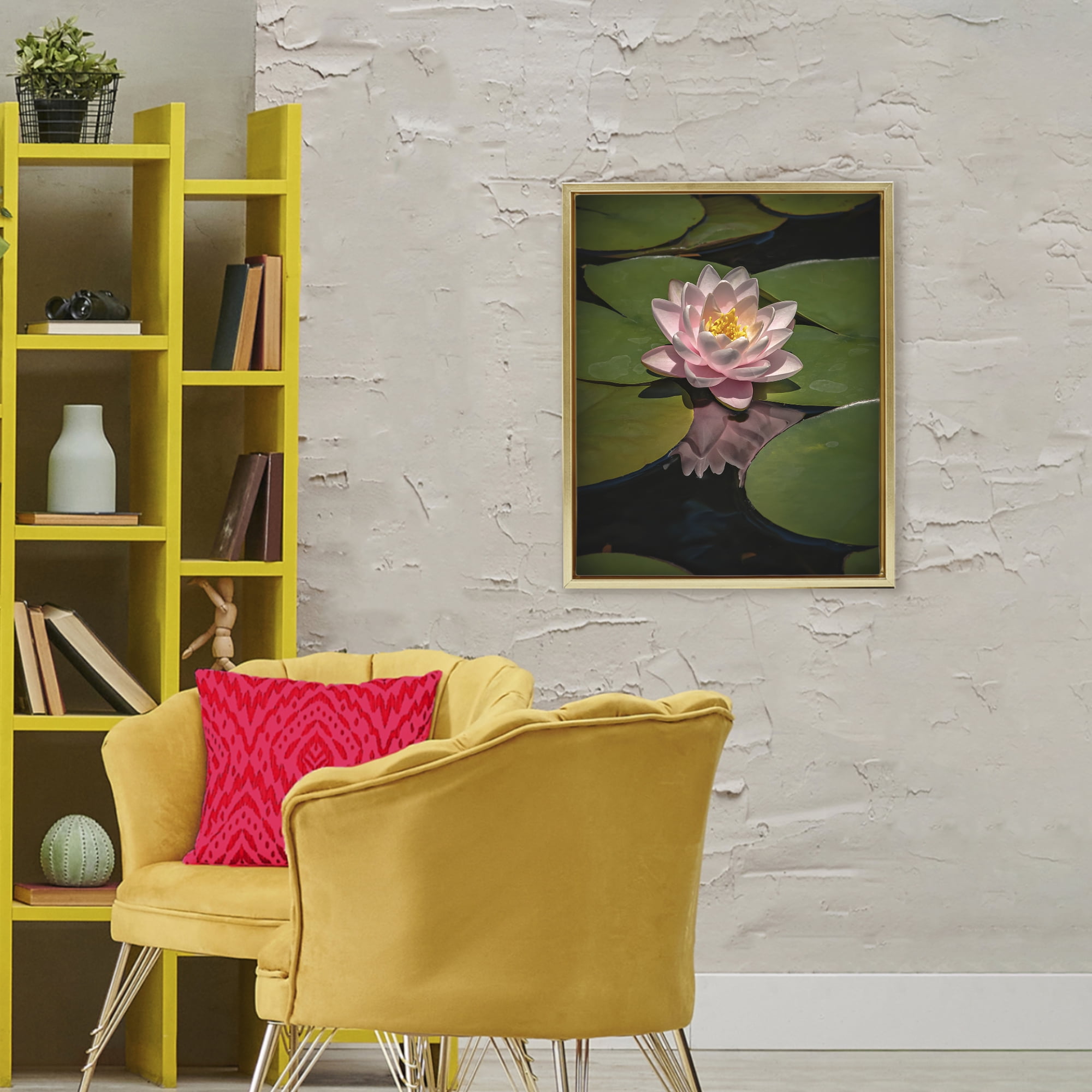 Pink Lotus Among Lily Pads Gold Framed Floater Canvas Wall Art, design by Phillip Flowers