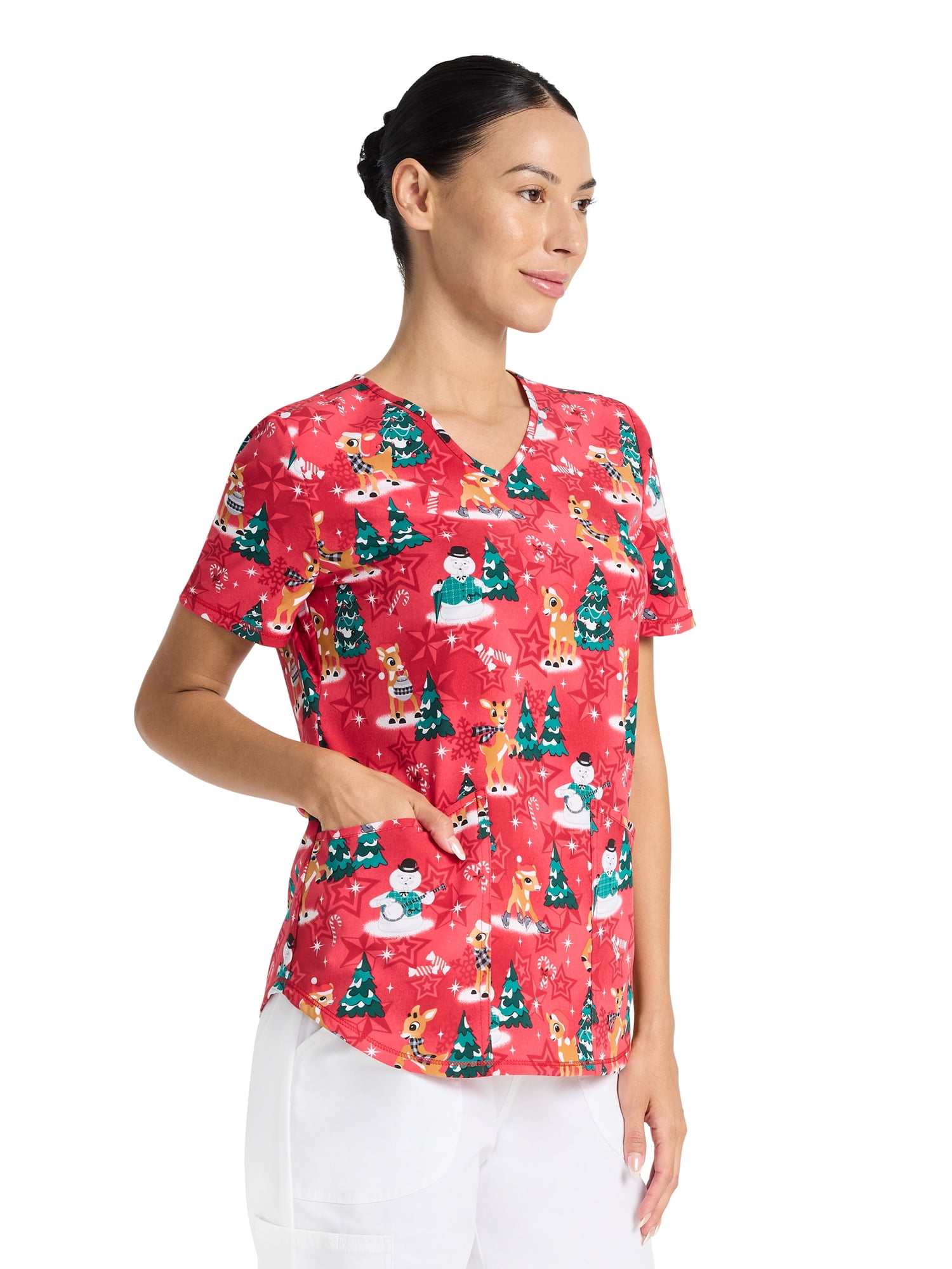 Rudolph Warm And Cozy Women's V-Neck Print Scrub Top, Sizes XS-3XL