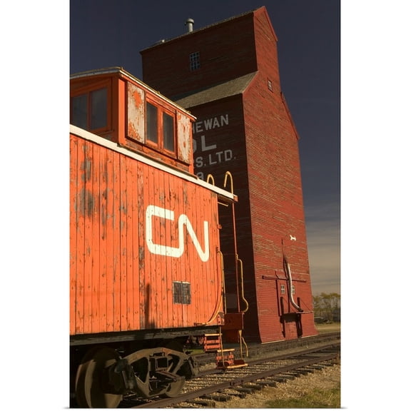 Great BIG Canvas | "Canada, Alberta, Historic Railway Locomotive and Grain Silo" Art Print - 32x48