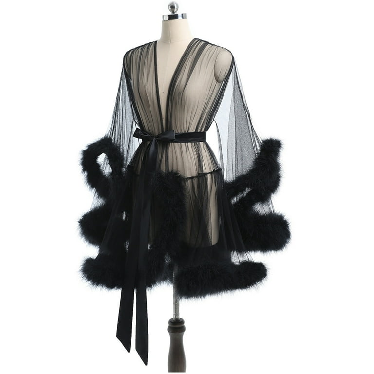 fluffy mesh dressing gown Yokua Women's Sheer Mesh Dressing Gown Furry Trim Long Sleeve Kimono Robe  Lingerie