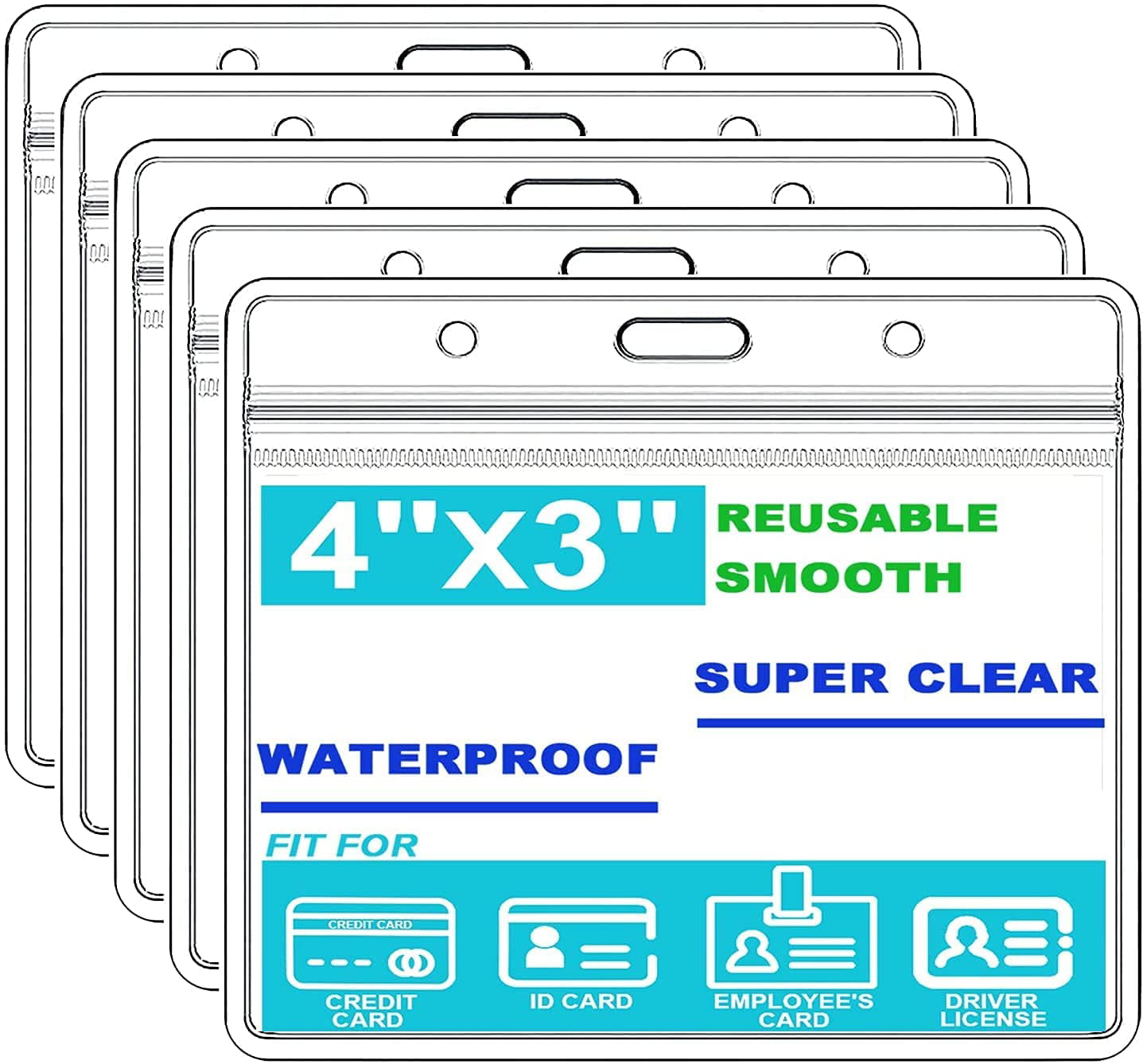 5 Pack Large Card Protector 4.7 x 4.5 Inch Record Card Holder ID Cards Cover Case Card Holder only Waterproof Clear Vinyl Plastic Sleeves Resealable Zip 