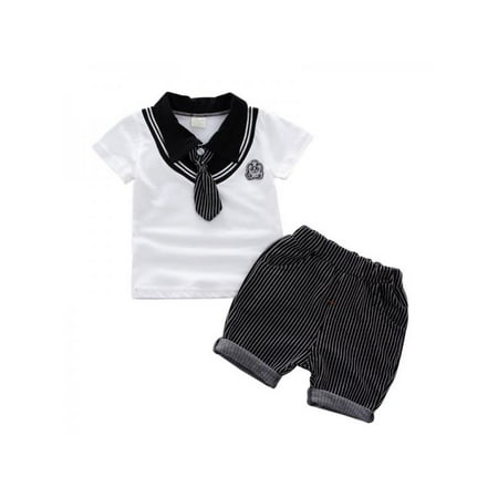 Micro Stripe Suit (Funcee 2pcs/set Toddler Baby Boys Turn-down Collar Short Sleeve T-Shirt + Striped Shorts Outfits Clothing)