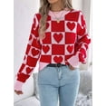 thumbnail image 6 of Womens Mock Neck Sweater Long Sleeve Block Cute Heart Knit Fall Winter Tops Ribbed Knit Pullover Sweaters Red L, 6 of 9