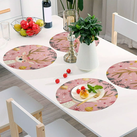 Round Grid Placemat ,One Sizex1, Round Placemat, PVC Plate Mat，15.4 Inch Non-Slip and Heat Resistant, Table Placemat, Dining Room Placemat Pink Christmas Cute Deer