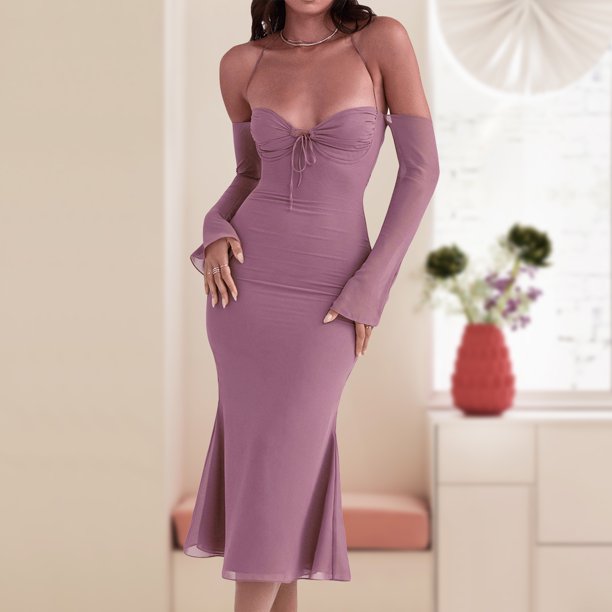 Vestido Largo Con Tirantes Vestido halter para mujer con manga y hombros descubiertos Traje clubwear (Púrpura S) Cgtredaw Para estrenar