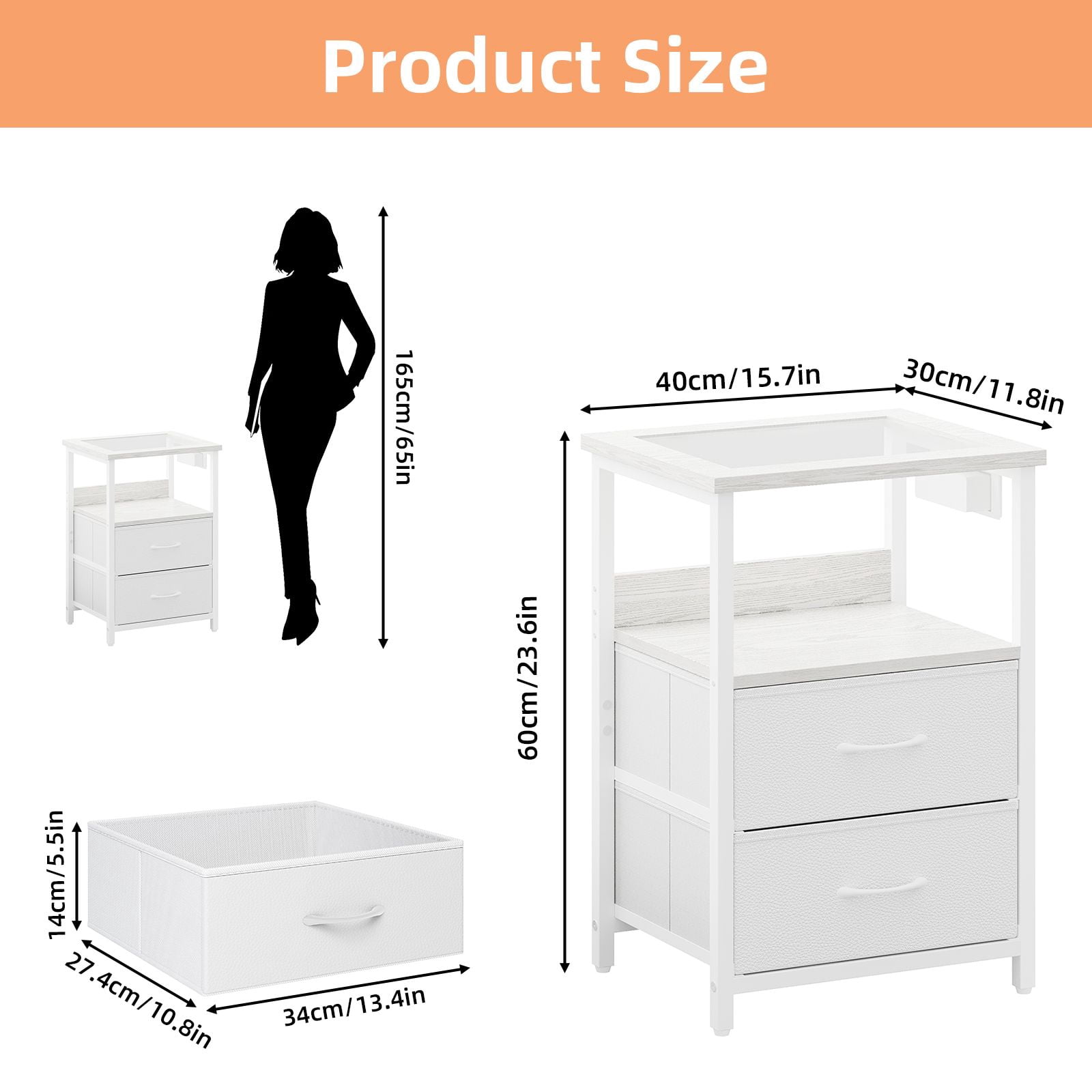 Nightstand with Charging Station, Glass Top End Table with RGB LED Light, 2 Fabric Drawers and Open Shelf for Bedroom