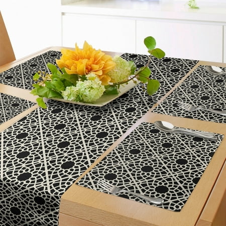 

Oriental Table Runner & Placemats Repeating Folk Far Eastern Style Lattice with Floral and Geometric Motifs Set for Dining Table Placemat 4 pcs + Runner 14 x72 Black and Eggshell by Ambesonne