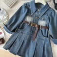 thumbnail image 4 of LYMAYTER ‌‌‌Toddler Girls Long-Sleeve Denim Shirt Dress Pleated Skirt Belt for 2-8Y Little Kids Fashion Wear‌, 4 of 8