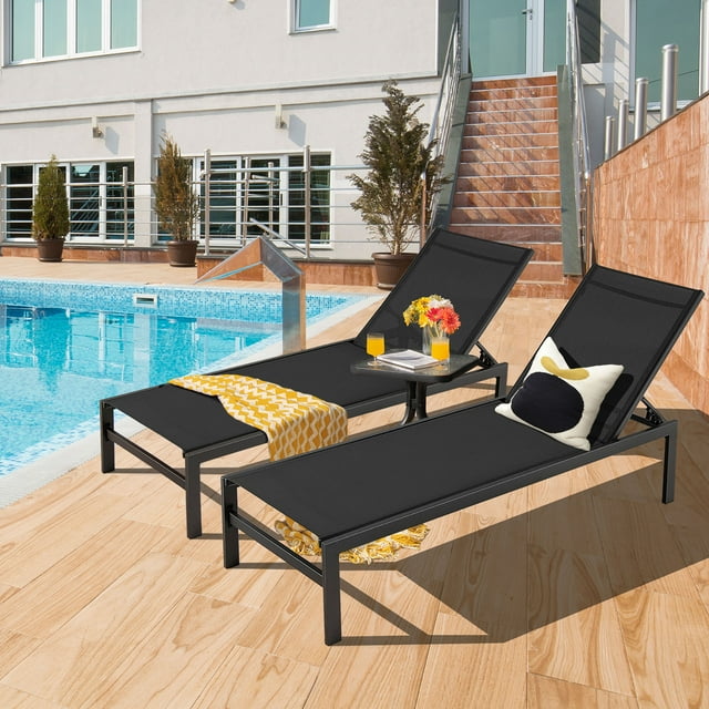 Gymax Lot de 2 Chaises Longues de Patio Réglables - Ensemble de 2, Noir, Dossier à 6 Positions et Cadre en Aluminium Léger