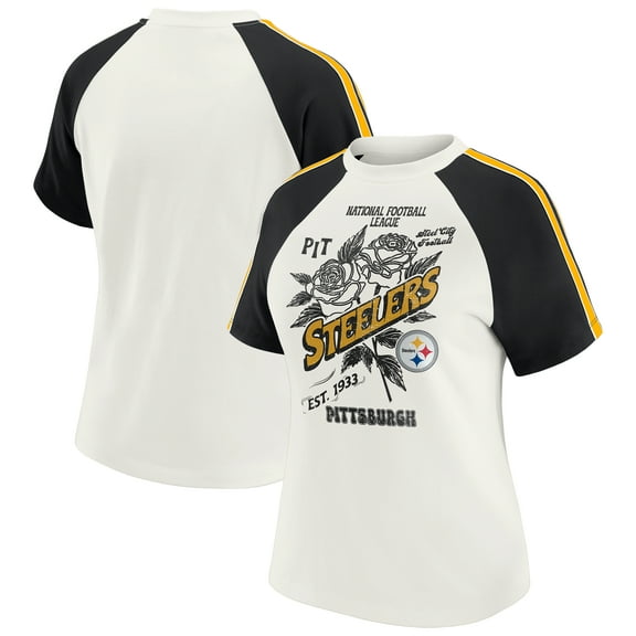 Women's WEAR by Erin Andrews White Pittsburgh Steelers Sleeve Stripe Distressed Raglan T-Shirt