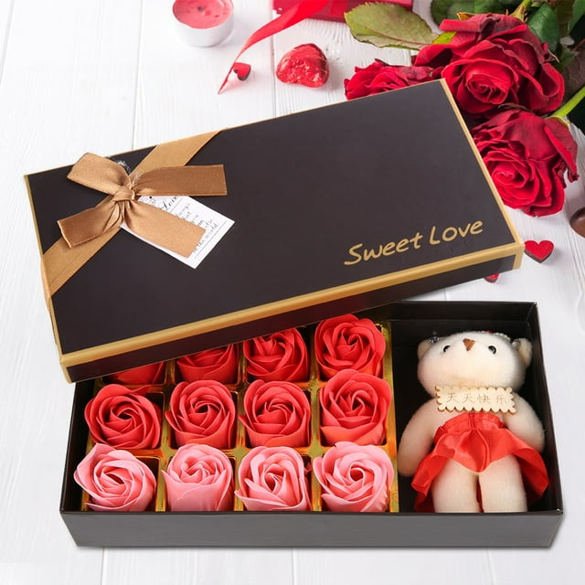 YUMILI Coffret Cadeau Romantique, 12 Rose Fleur Savon Fleur Ours en Peluche Saint Valentin Fête des Mères Cadeau Romantique avec Boîte(Rouge)