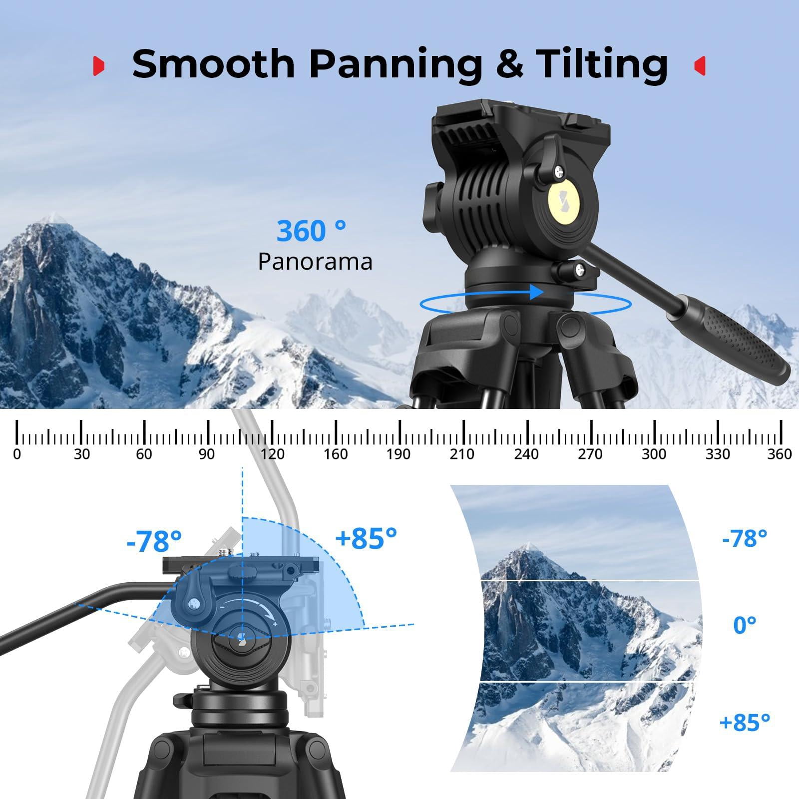 73''/186cm Heavy Duty Aluminum Alloy Video Tripod  Max Load 8kg (18lbs) Fluid Head With +85° To -78 Tilt Range Compact Travel Weight 3.1kg(6.8lbs) Folded Height 88cm Ad-14-5440