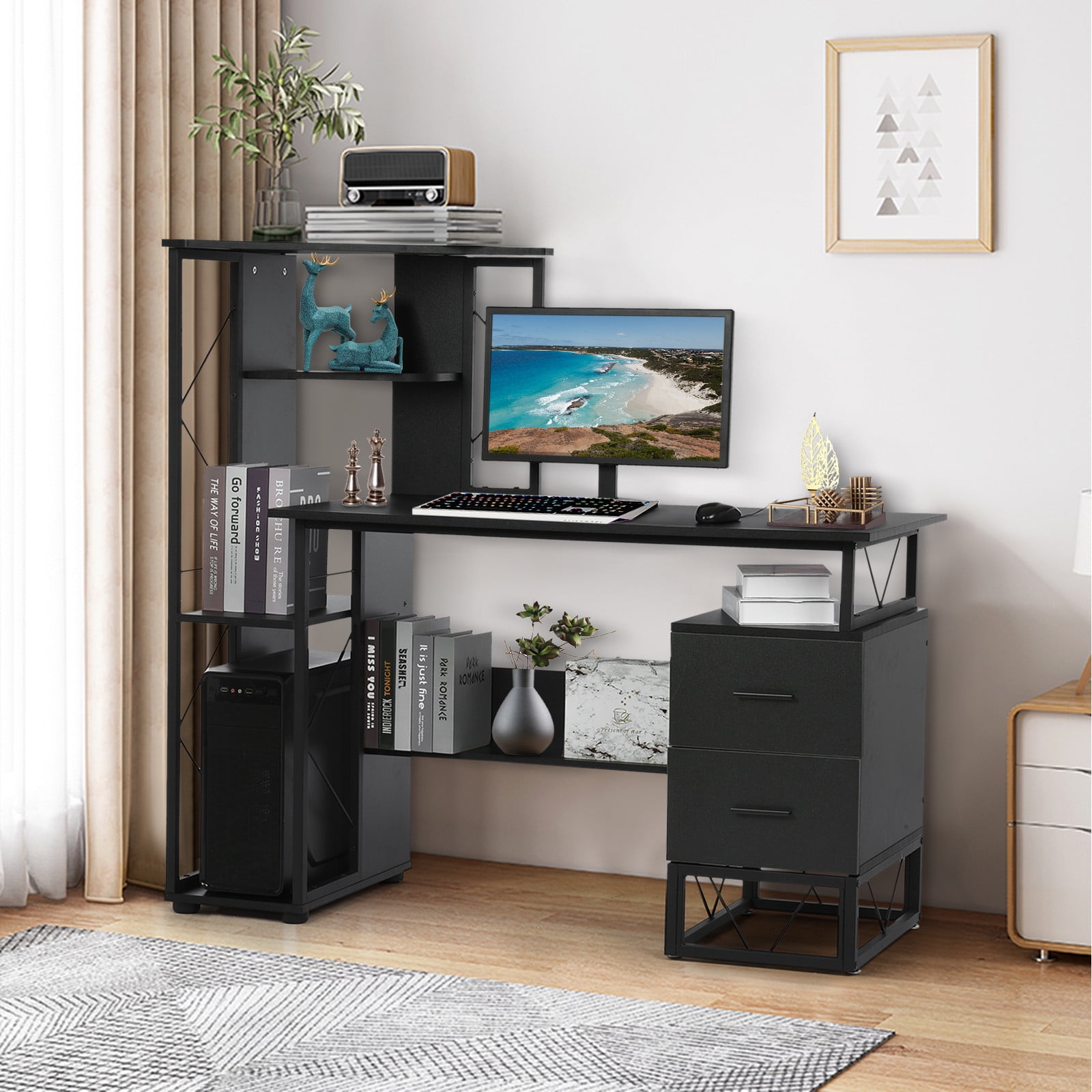 Modern MultiLevel Computer Desk Home Office Study Workstation with Storage Shelves, Drawers and