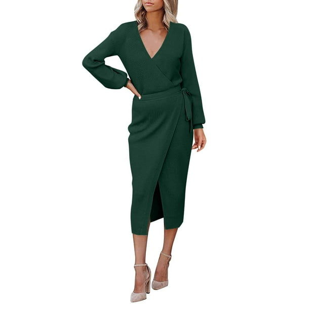 Vestido de punto con cuello en V y cinturón para mujer: elegante vestido de manga larga para otoño-invierno, cintura estilizante, tallas S-XXL