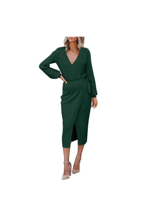 Boho And V ANeck Knit Belted Sweater Dress For Women Autumn Winter Trendy Unique Dresses