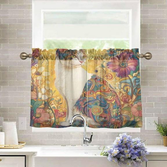 BZSMCE Set of 2 Pieces Kitchen Window Curtain Fashion The Colorful Cat Printed 27x24in/27x36in