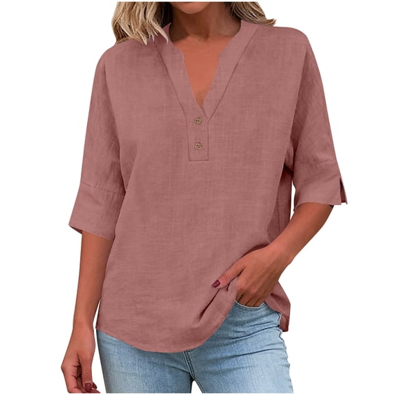 Npasoilc 3/4 Sleeve Button Front Blouses for Women V-Neck Solid Color Linen Casual Tops