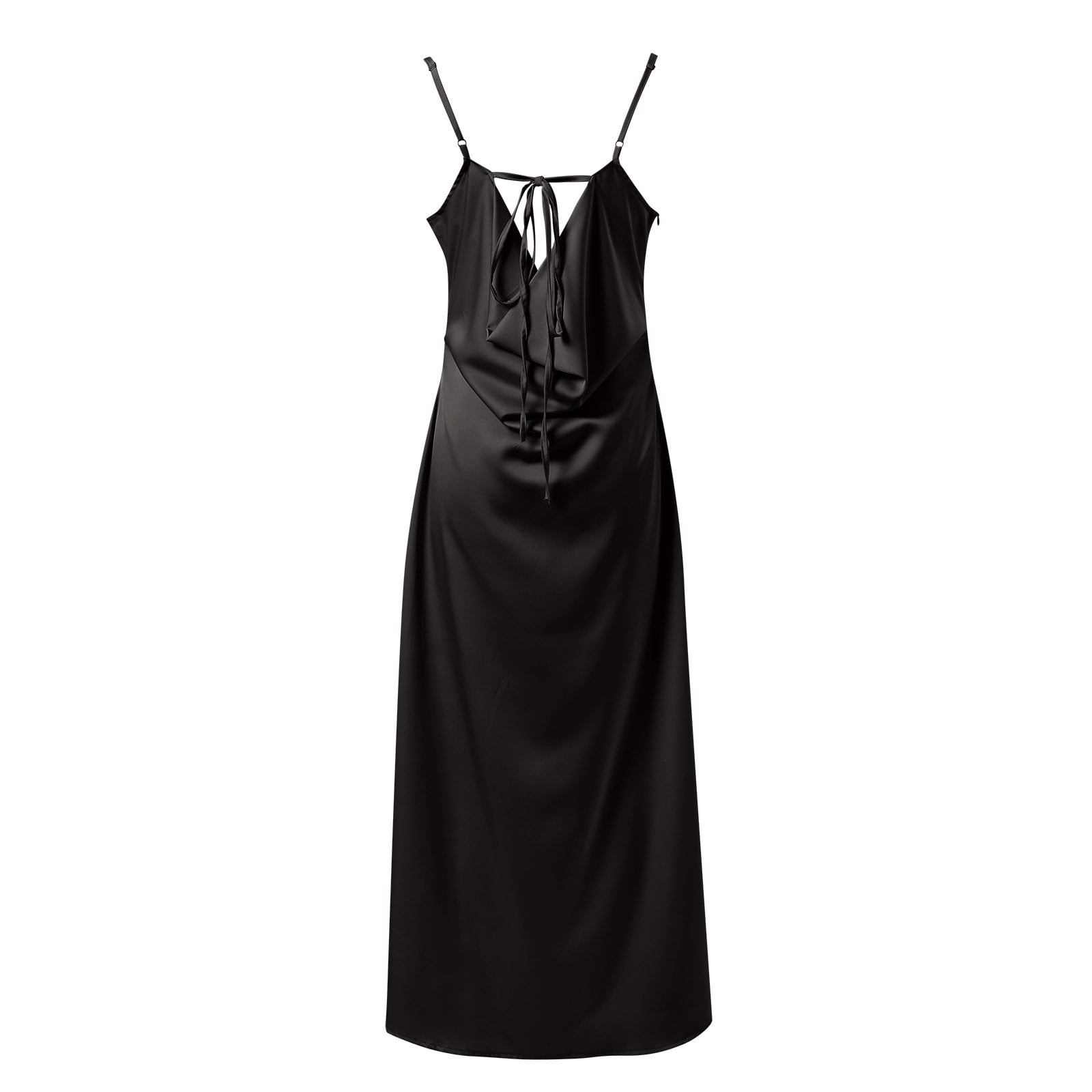 Jggspwm Satin Spaghetti Strap Cowl Neck Backless Midi Dresses for Women Elegant Tie Low Back Ruched Cocktail Dress Black S